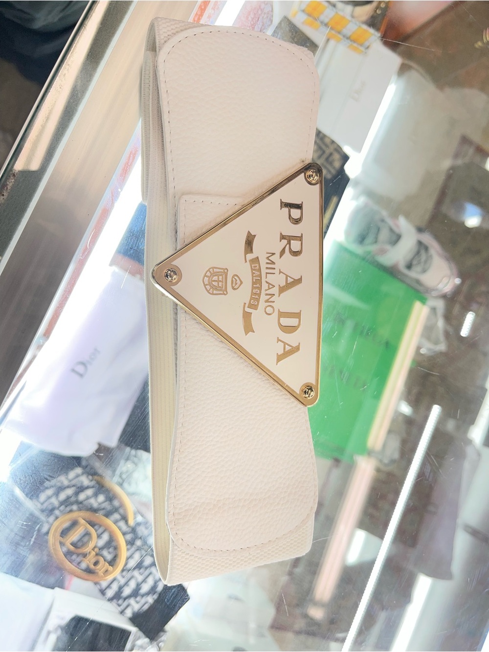 Prada White Leather Sunglasses Case with Gold Triangle Logo